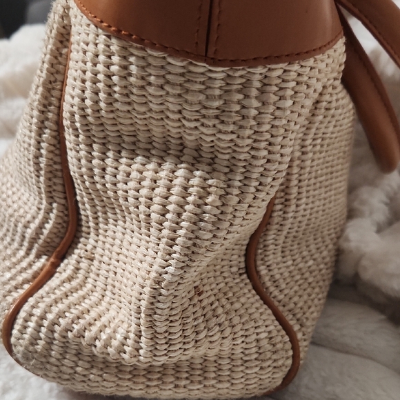 Furla Beige Woven Tote with Tan Leather Trim and Circular Buckle Accent - Picture 3 of 10